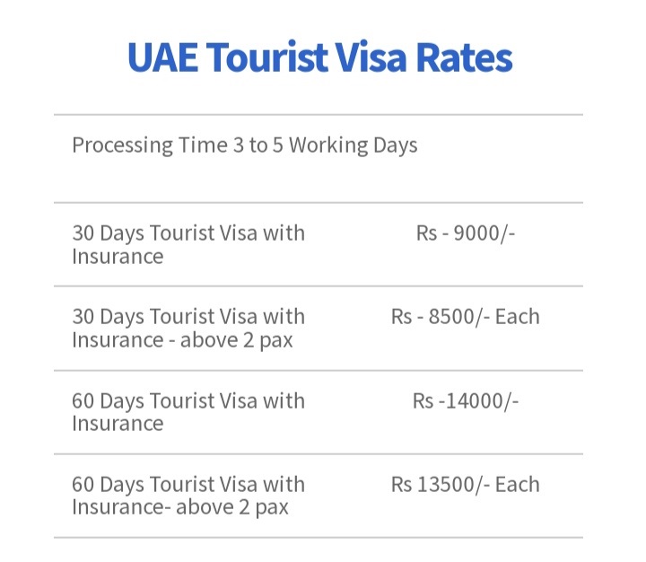 UAE Tourist Visa  Single Person Rates